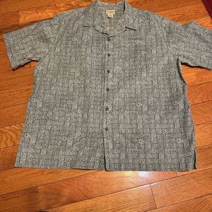 LL Bean Blue Mens XL Tribal Short Sleeve Button Down Cotton‎ Hawaiian Shirt VTG